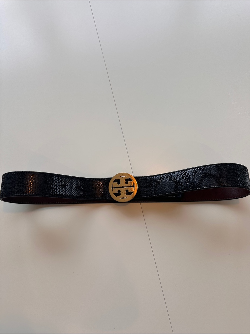 Tory Burch Reversible Black Textured Leather Belt with Gold Logo Medallion